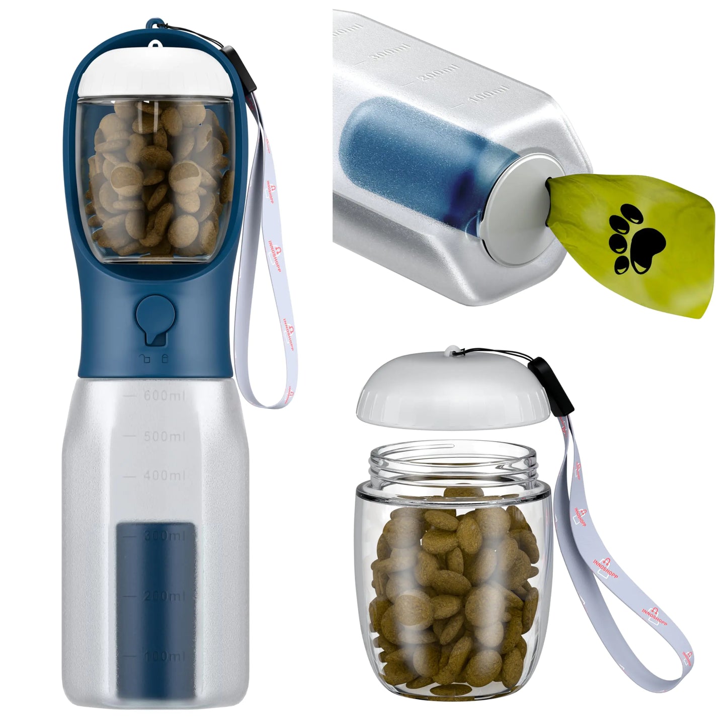 Portable Dog Water Bottle with Food Container & Poop Bag Dispenser – Leak-Proof & BPA-Free for Walking, Hiking & Travel (Navy Blue) —FAST SHIPPING