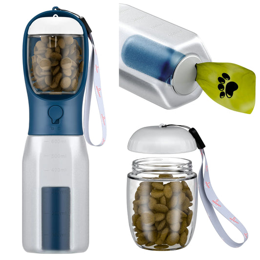 Portable Dog Water Bottle with Food Container & Poop Bag Dispenser – Leak-Proof & BPA-Free for Walking, Hiking & Travel (Navy Blue) —FAST SHIPPING